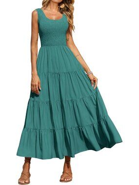 Women Dress Maxi Bean Green Polyester Scoop Neck Short Vacation Casual Summer